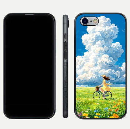 Breezy Meadow Ride Glass Case for iPhone 16 Pro dual-view layout showing soft landscape design and reflection gloss