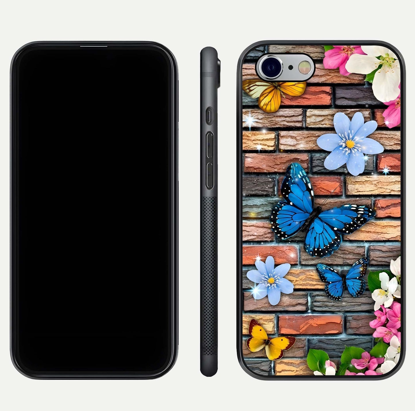 Brick Bloom Flight Glass Case for iPhone 16 Pro dual-view layout showing bloom placement and protective edge design