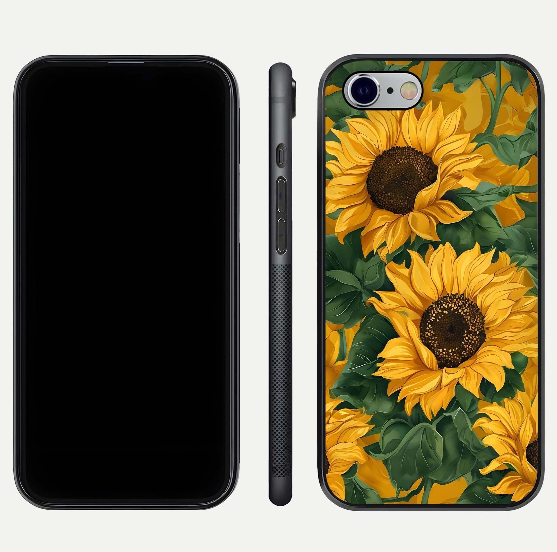 Bright Sunflower Bloom Glass Case for iPhone 16 Pro dual-view layout displaying floral glow and curved glass edge