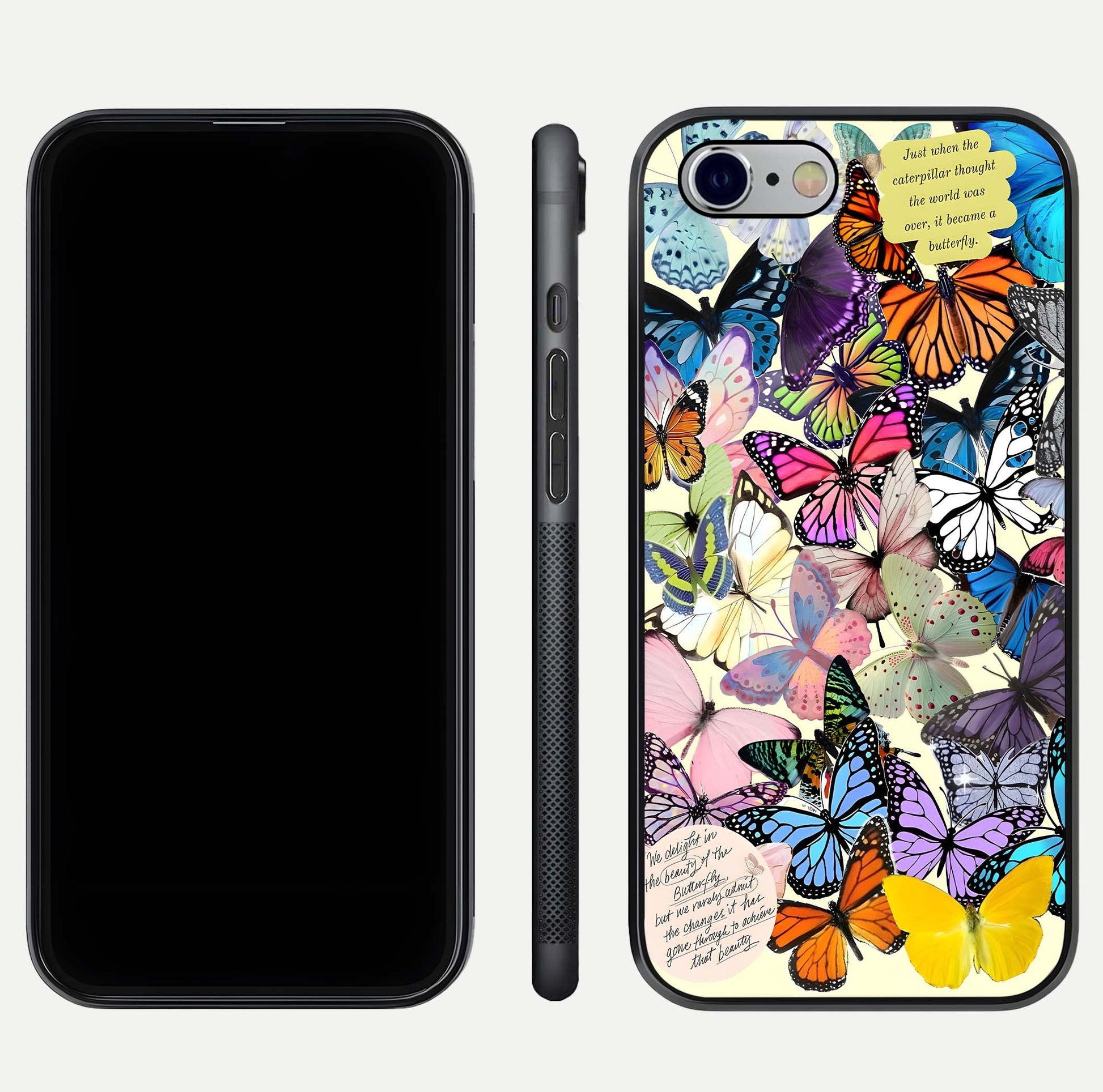 Butterflies Petal Dream Glass Case for iPhone 16 Pro front-and-back layout showcasing floral spread and reflection shine