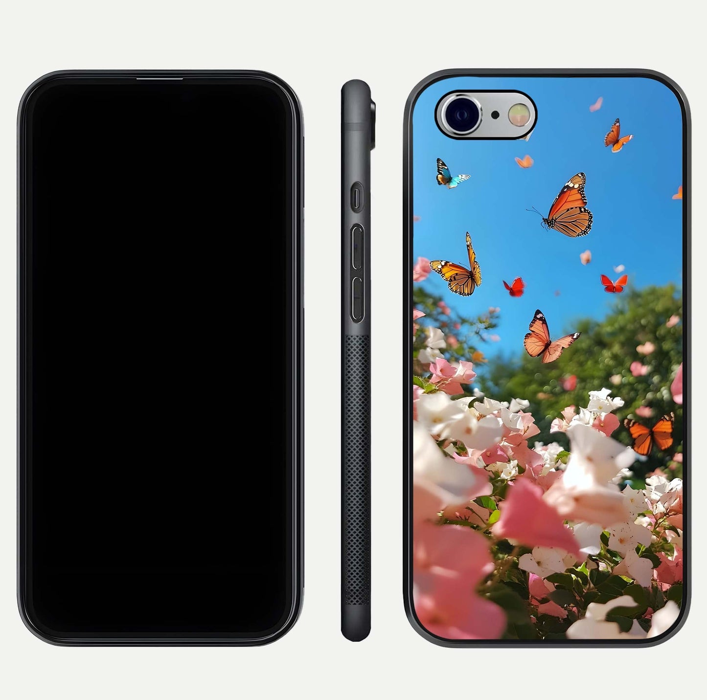 Butterflies in Bloom Sky Glass Case for iPhone 16 Pro dual-view layout displaying elegant composition and glass gloss