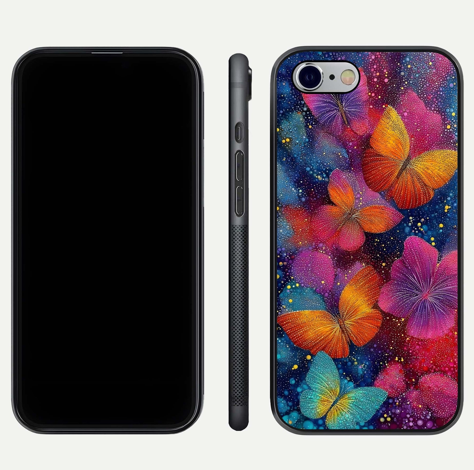 Butterfly Dream Mist Glass Case for iPhone 16 Pro dual-view layout showing mist background and edge polish