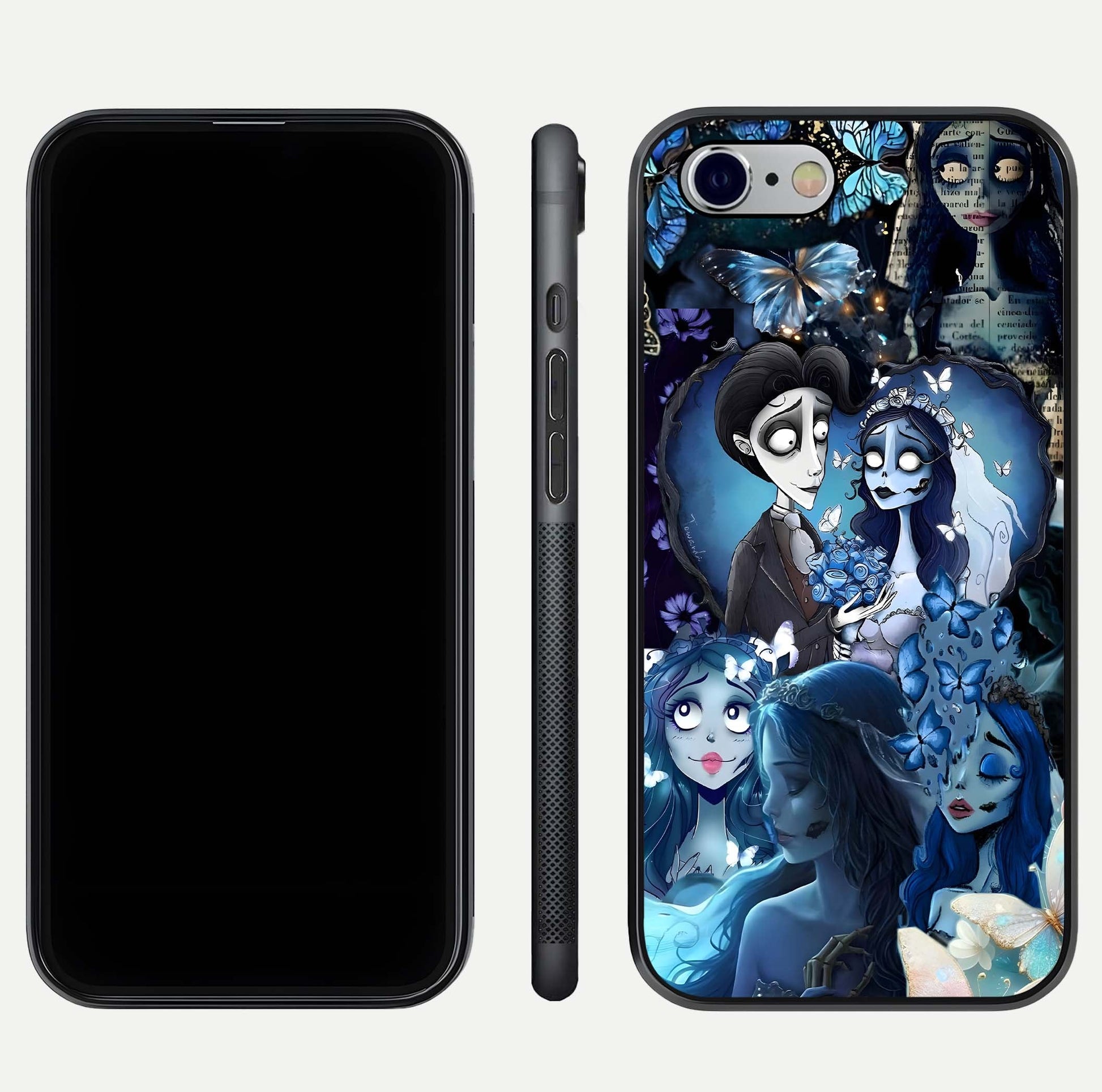 Butterfly Ghost Soul Glass Case for iPhone 16 Pro front-and-back layout highlighting dark art balance and HD shine