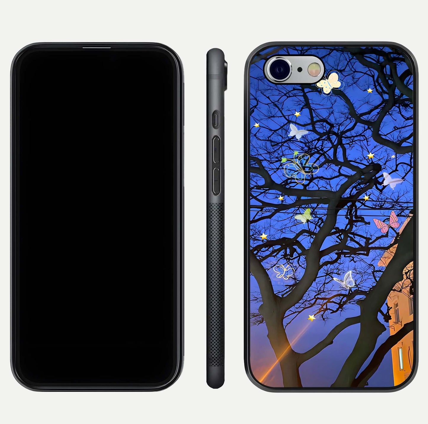 Butterfly Night Magic Glass Case for iPhone 16 Pro dual-view layout displaying balanced art and edge clarity