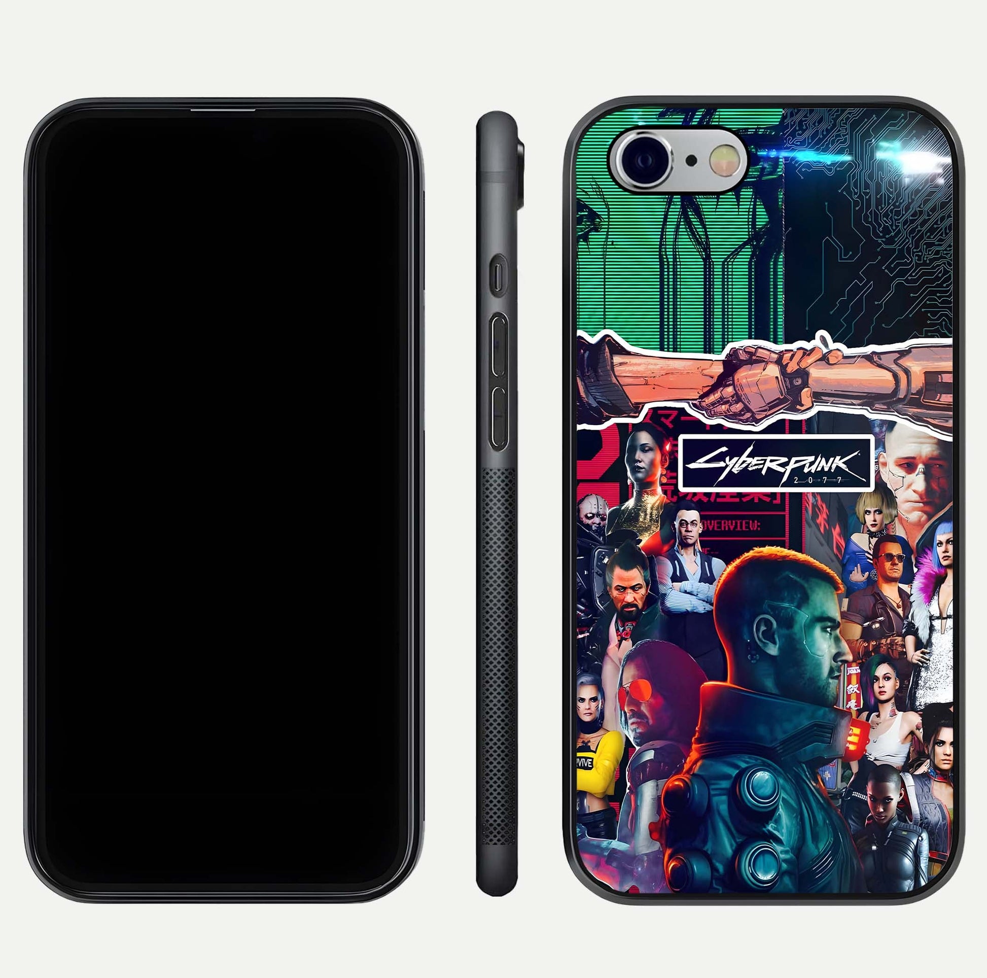 CYBERPUNK Legacy Glass Case for iPhone 16 Pro dual-view layout showing cyberpunk hues and glass precision