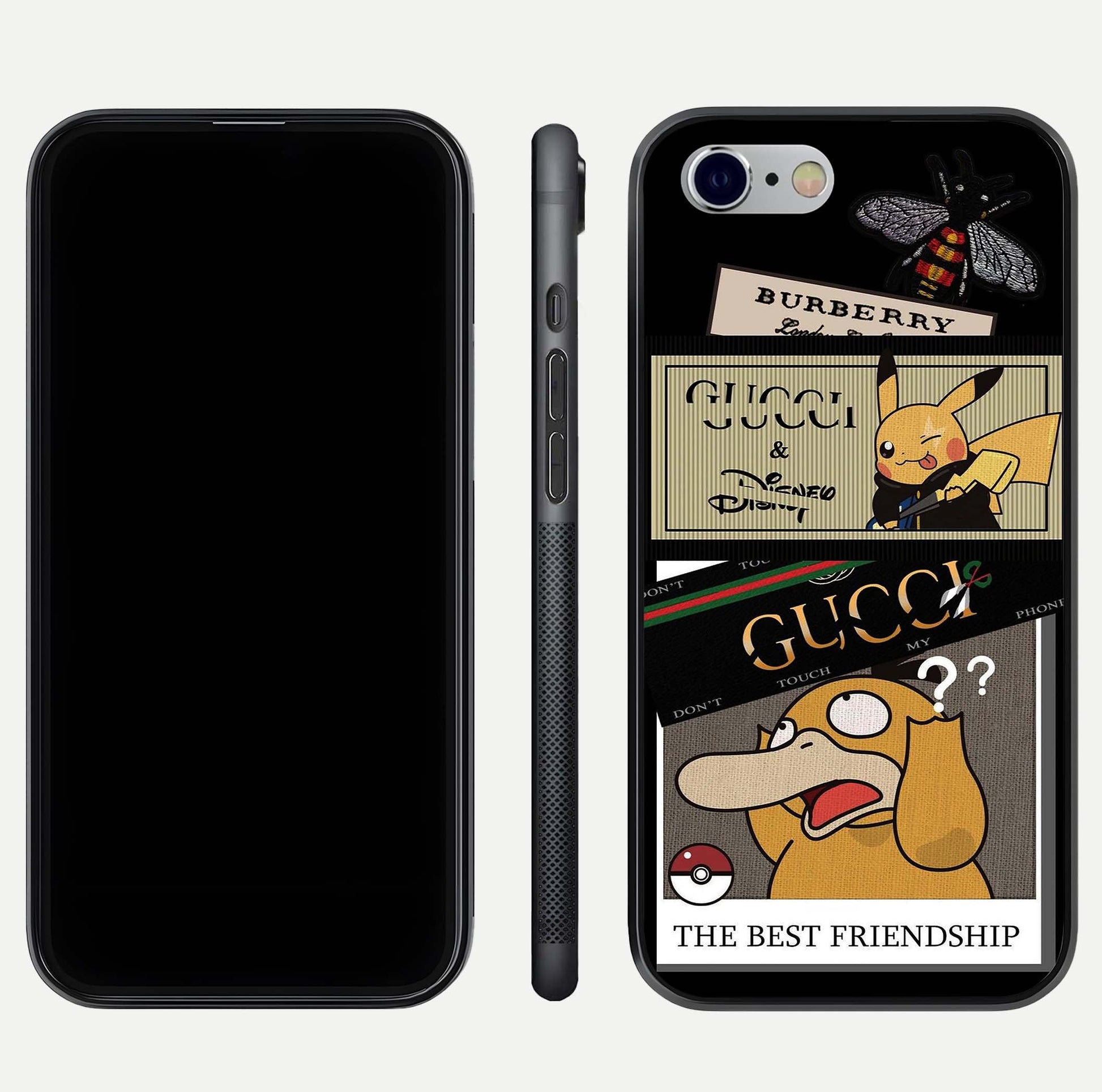Cartoon Brand Play Mashup Glass Case for iPhone 16 Pro front and back view layout highlighting multi-logo artwork and curved edges