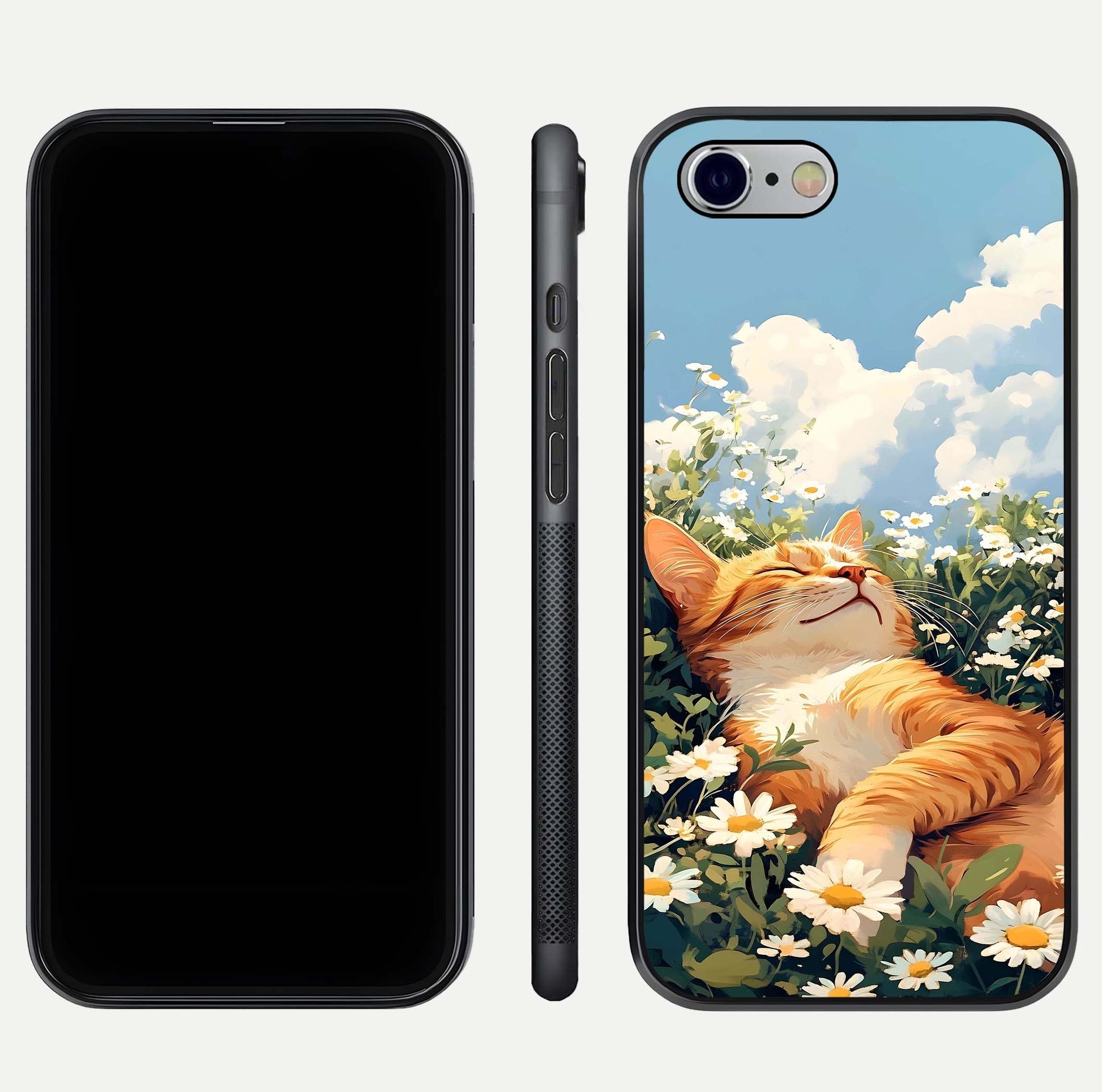 Cat & Flowers View Glass Case for iPhone 16 Pro front-and-back layout showing floral balance and gloss surface