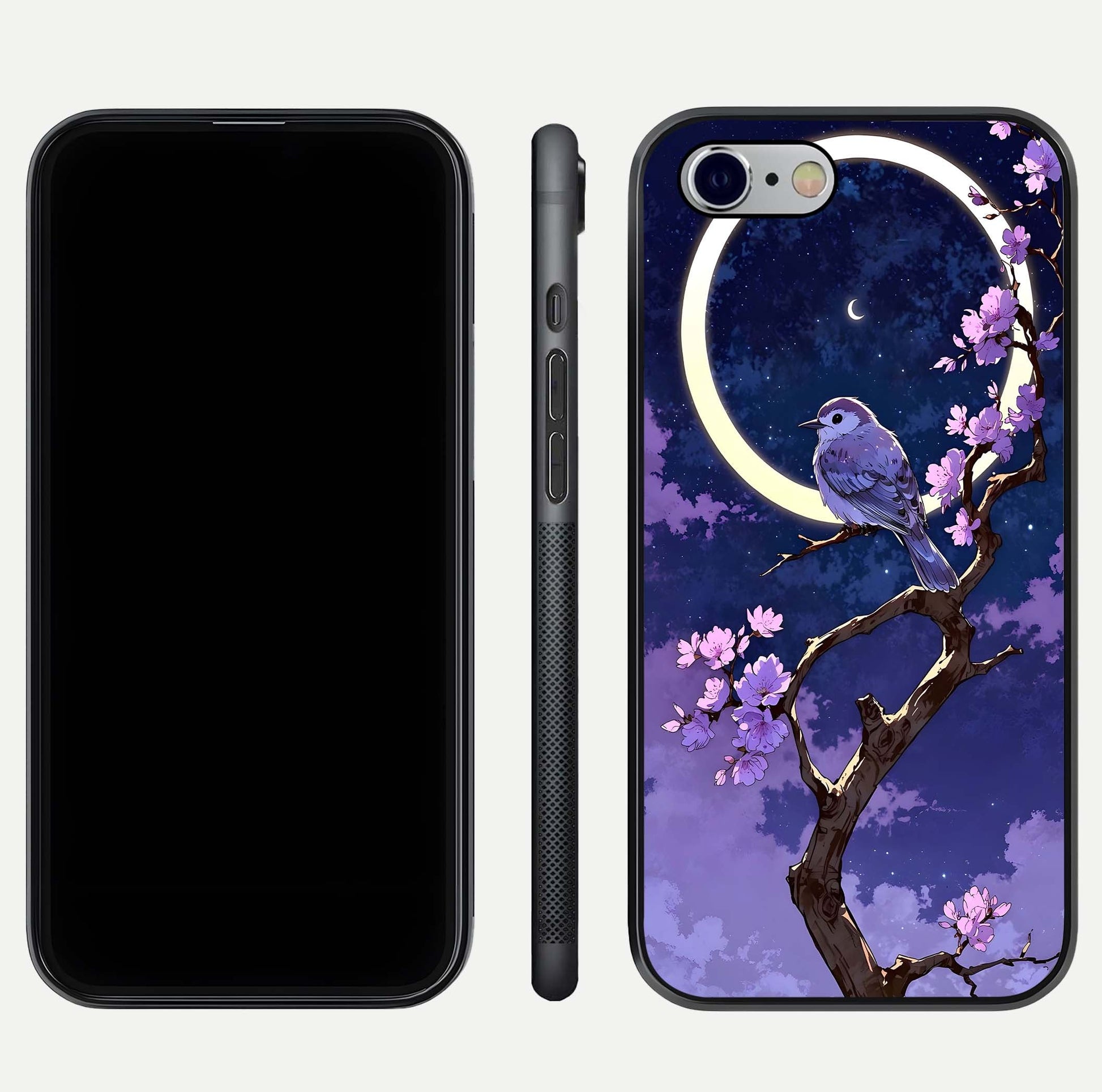 Celestial Bird Blossom Glass Case for iPhone 16 Pro dual-view layout showing art composition and edge clarity