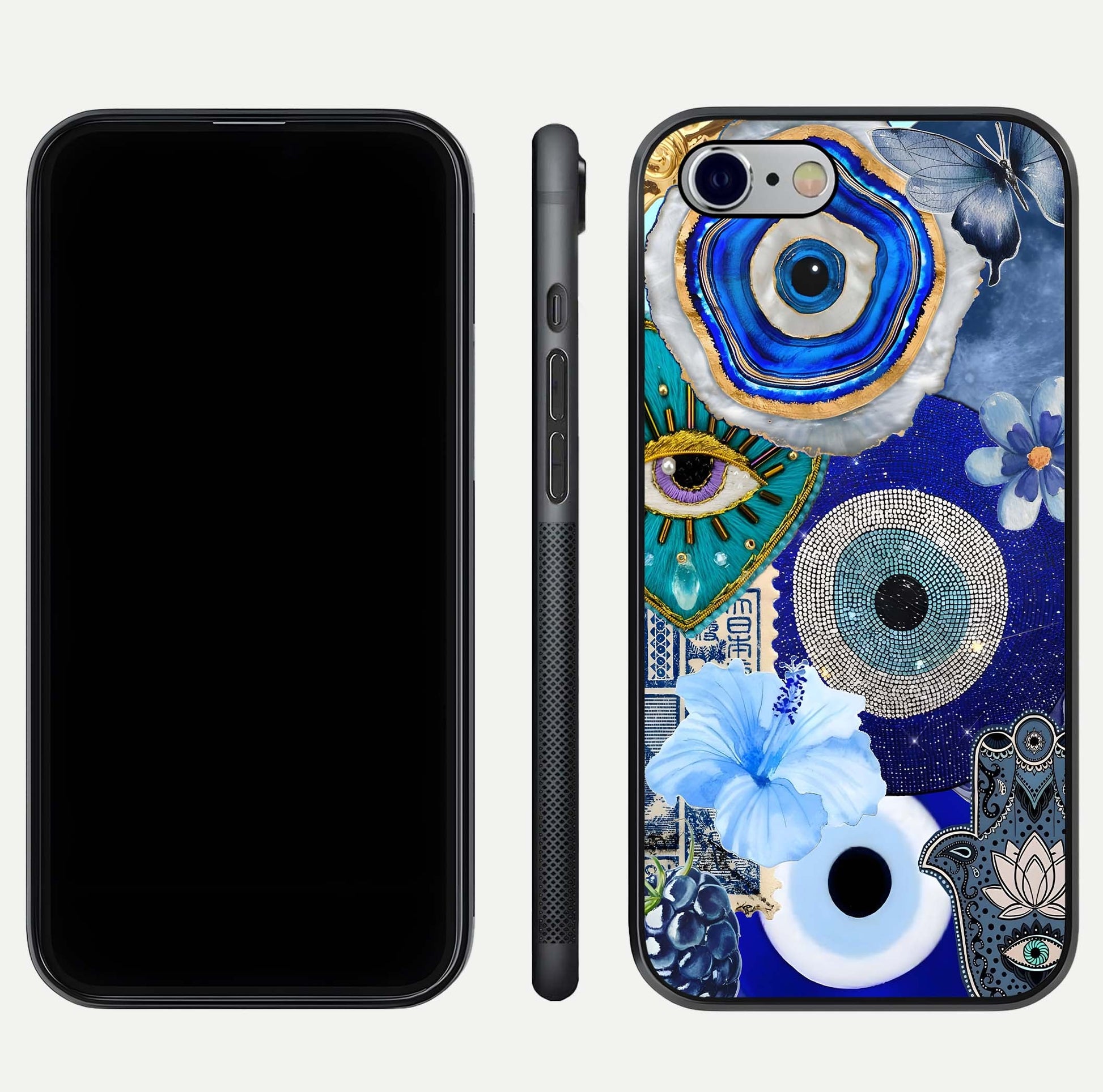 Celestial Blue Vision Glass Case for iPhone 16 Pro dual-view layout showing celestial gradient and curved edges