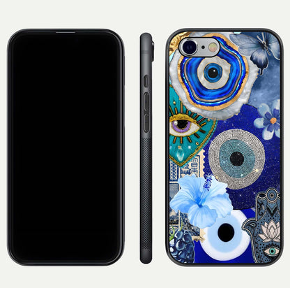 Celestial Blue Vision Glass Case for iPhone 16 Pro dual-view layout showing celestial gradient and curved edges