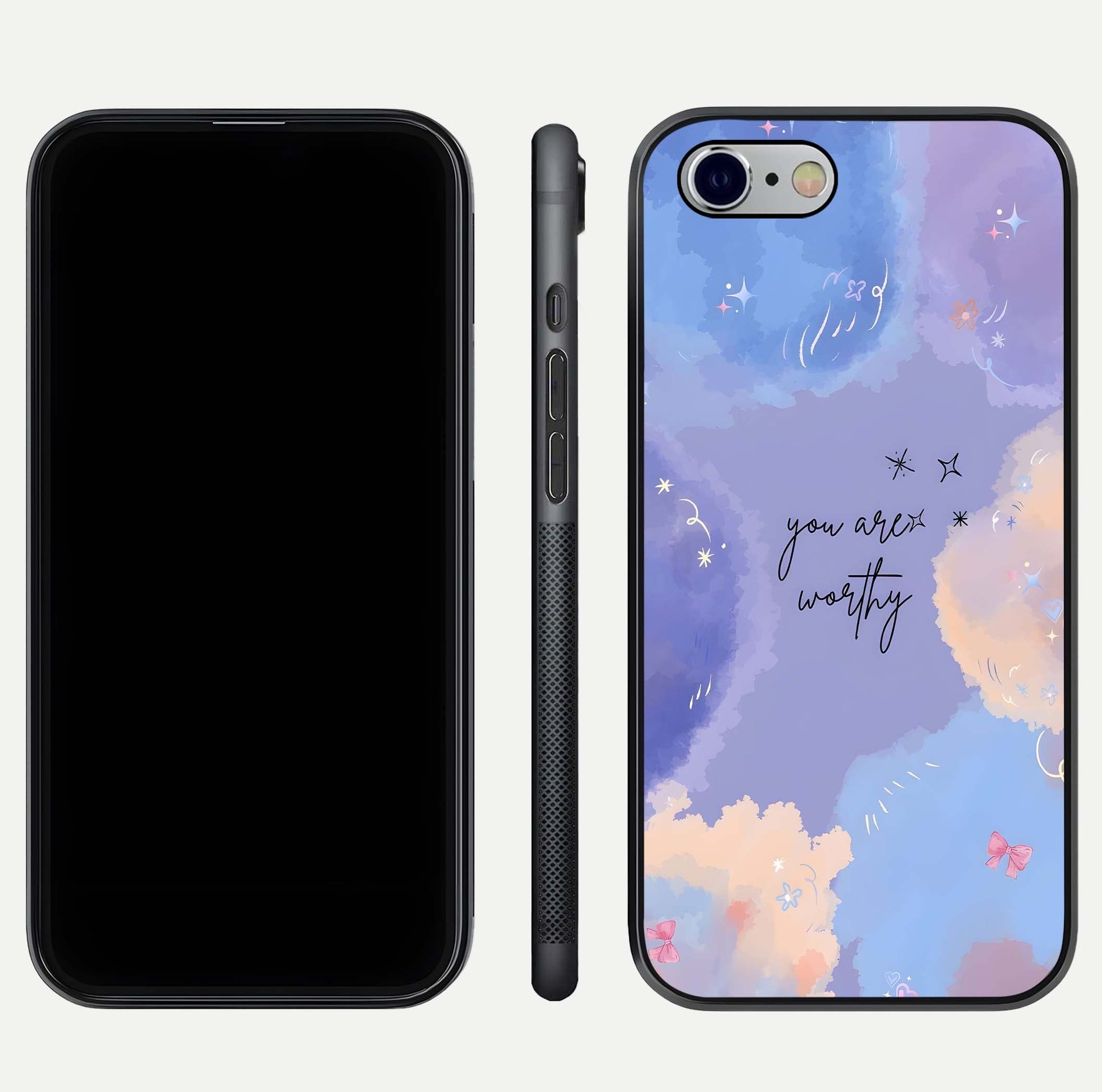 Celestial Cloud Magic Glass Case for iPhone 16 Pro dual-view layout showcasing soft color transition and gloss shine