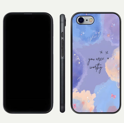 Celestial Cloud Magic Glass Case for iPhone 16 Pro dual-view layout showcasing soft color transition and gloss shine