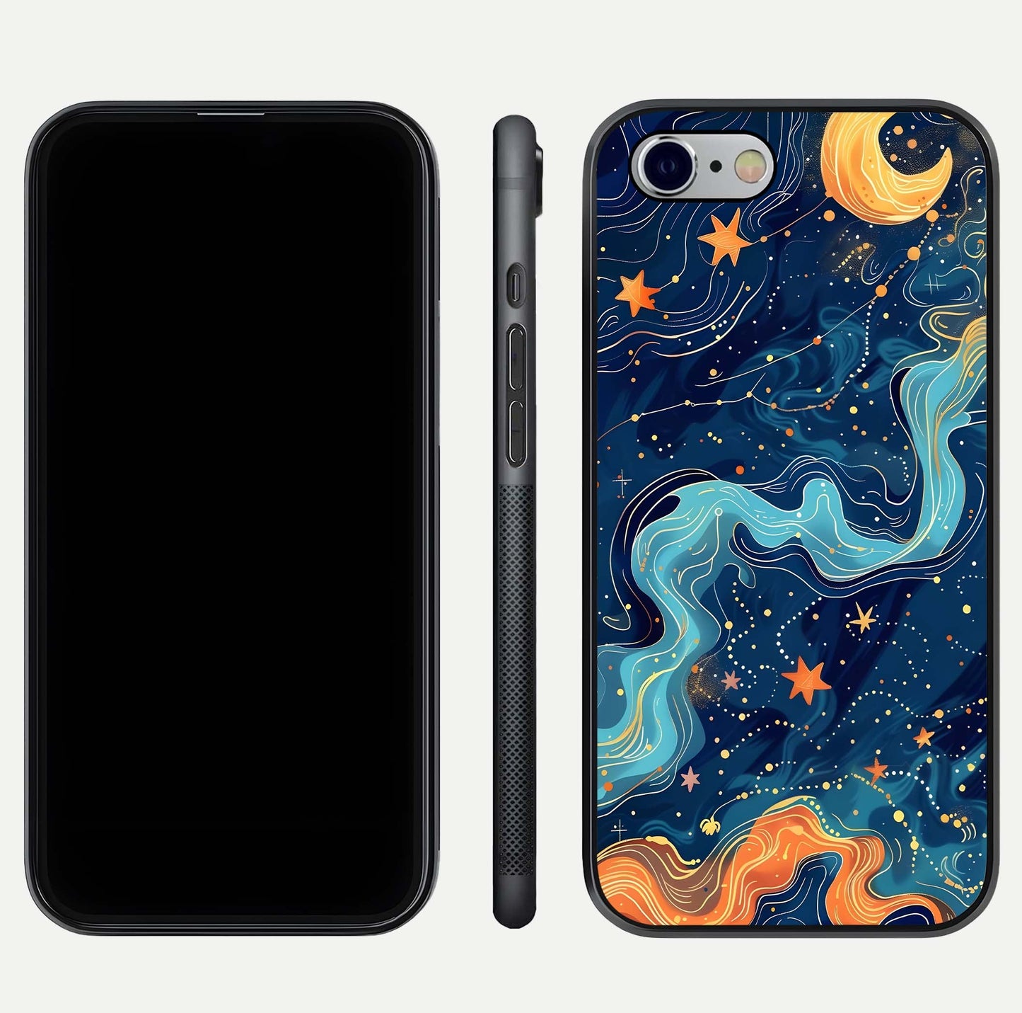 Celestial Dream Flow Glass Case for iPhone 16 Pro dual-view layout showing abstract flow and curved glass