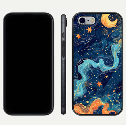 Celestial Dream Flow Glass Case for iPhone 16 Pro dual-view layout showing abstract flow and curved glass
