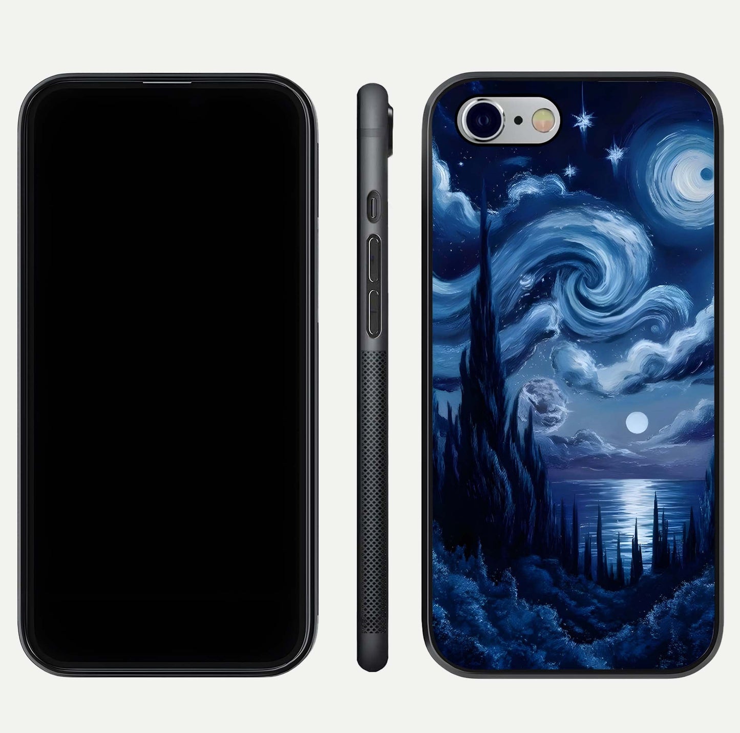Celestial Dream Van Gogh Glass Case for iPhone 16 Pro dual-view layout displaying art texture and glass polish