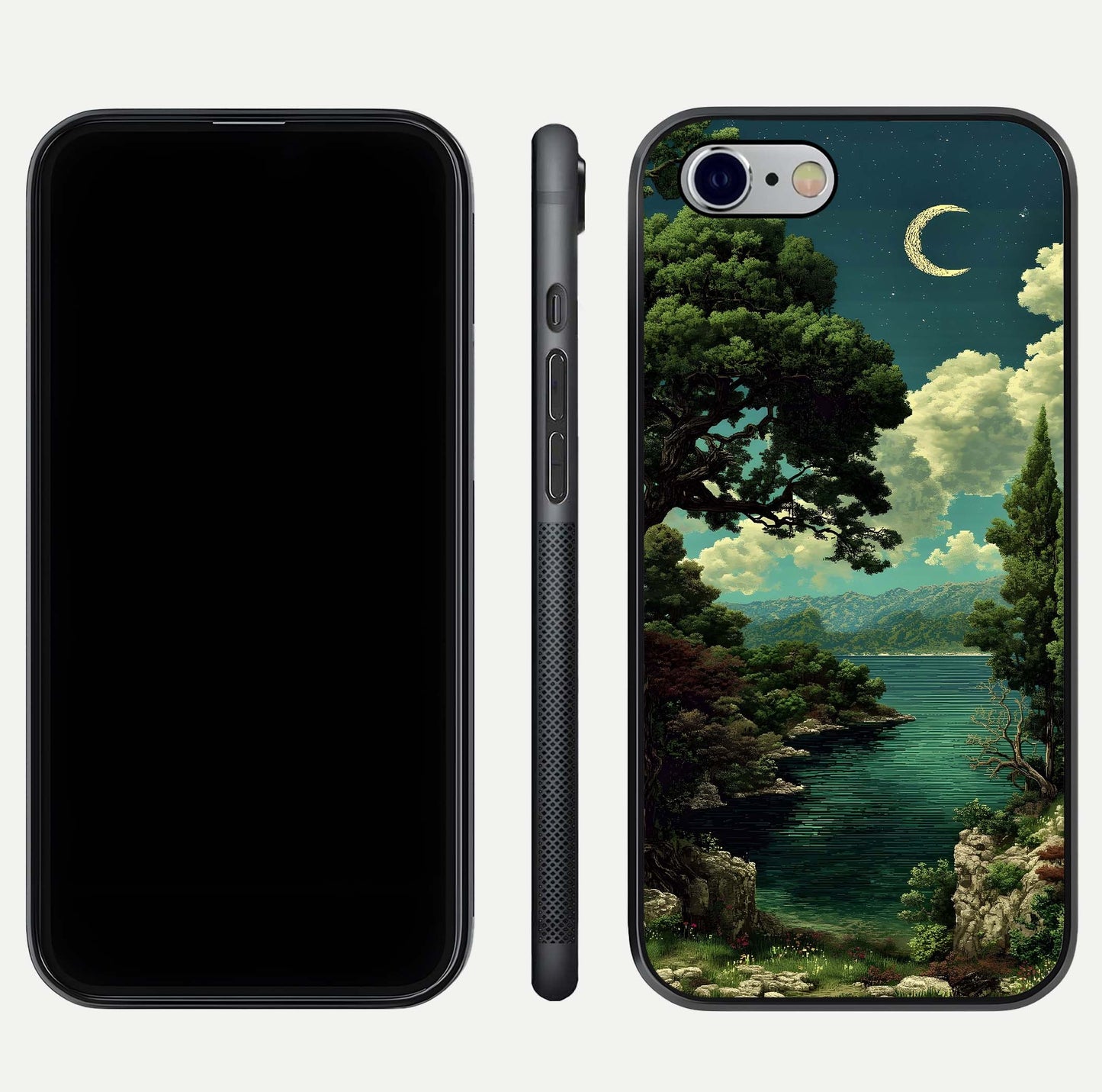 Celestial Lake Peace Glass Case for iPhone 16 Pro dual-view layout showing soft hues and HD shine