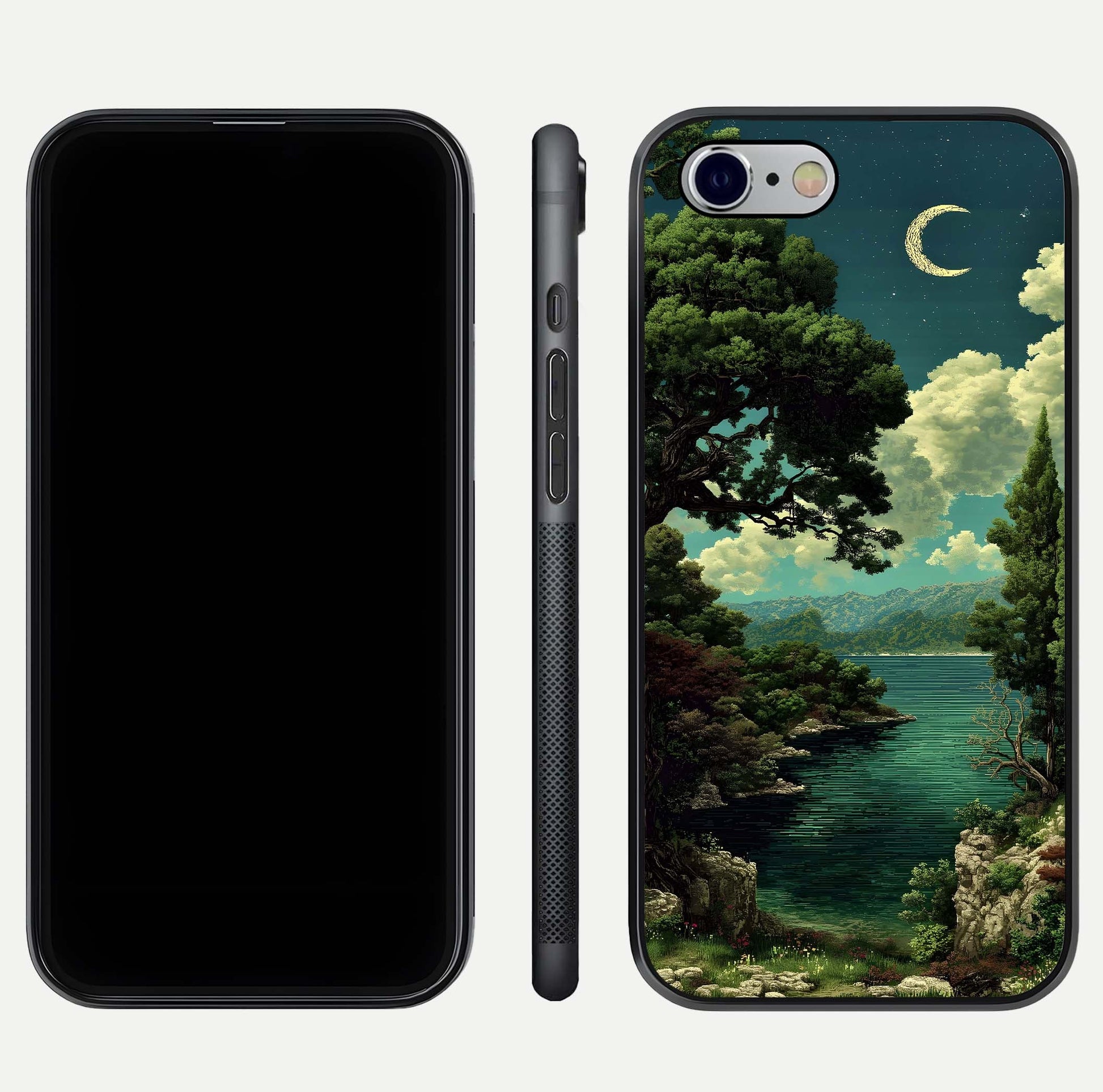 Celestial Lake Peace Glass Case for iPhone 16 Pro dual-view layout showing soft hues and HD shine