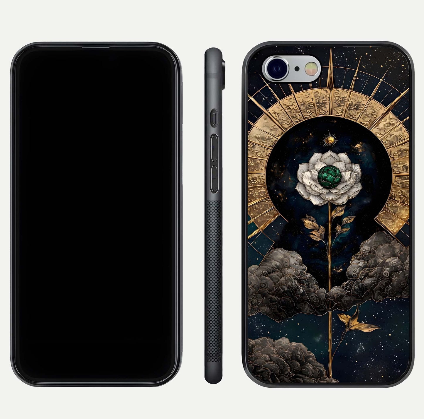 Celestial Lotus Morang Glass Case for iPhone 16 Pro dual-view layout displaying floral symmetry and polished edges