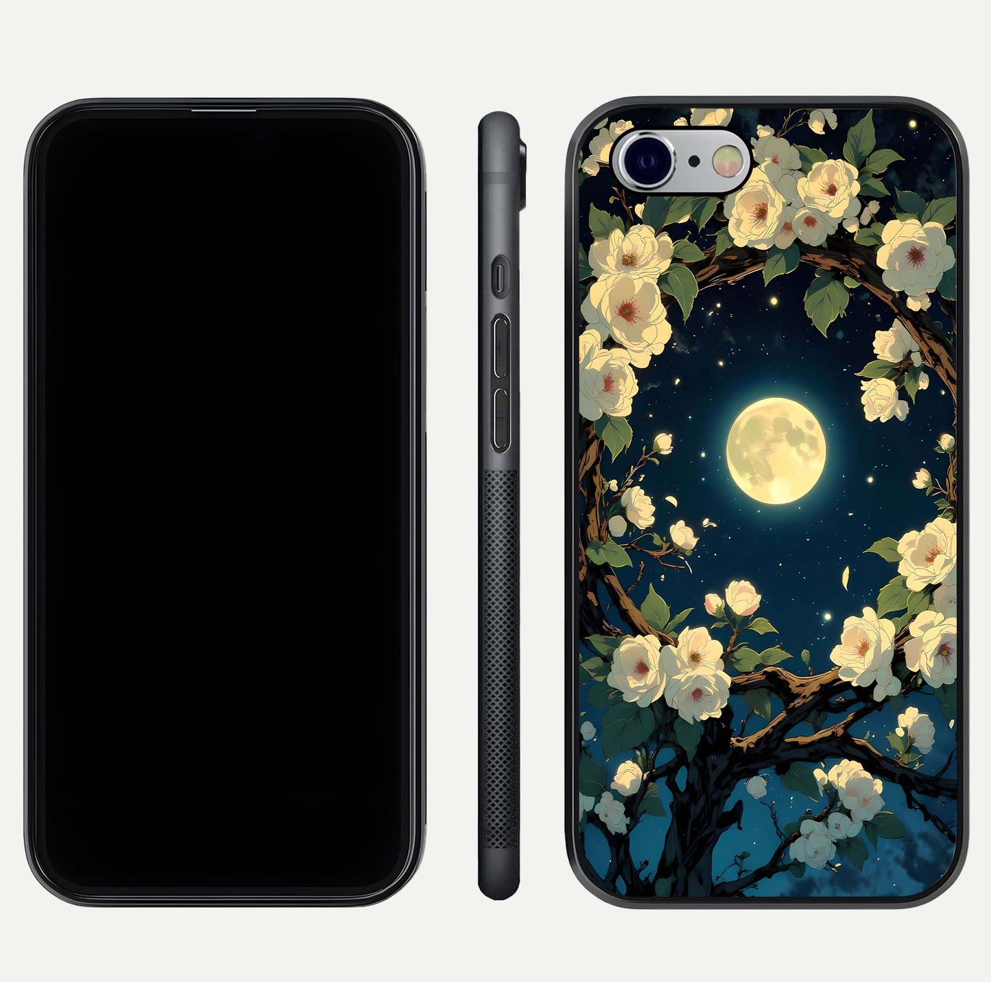 Celestial Moon & Flower Glass Case for iPhone 16 Pro dual-view layout showing balanced lunar art and gloss tone