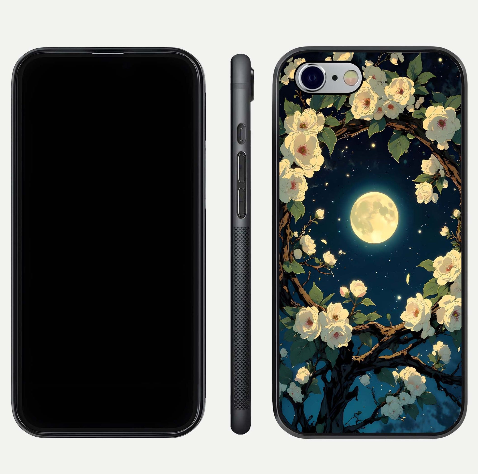 Celestial Moon & Flower Glass Case for iPhone 16 Pro dual-view layout showing balanced lunar art and gloss tone