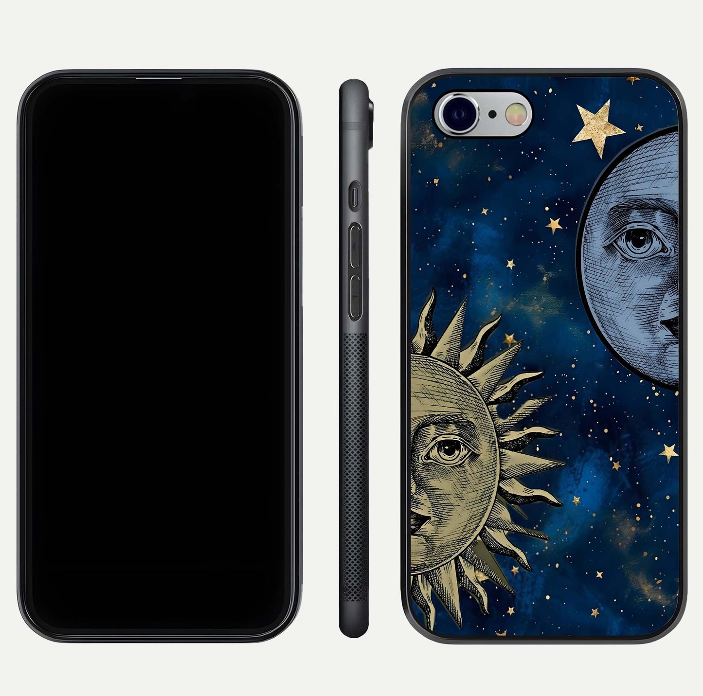 Celestial Moon With Sun Glass Case for iPhone 16 Pro dual-view layout showing luminous pattern and curved edges