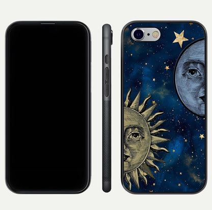 Celestial Moon With Sun Glass Case for iPhone 16 Pro dual-view layout showing luminous pattern and curved edges