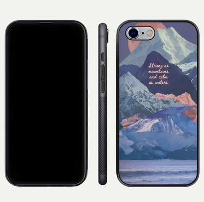 Celestial Mountain Calm Glass Case for iPhone 16 Pro dual-view layout displaying scenic tones and curved finish