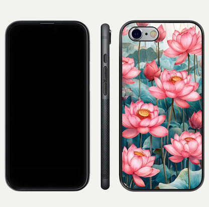 Celestial Pink Lotus Glass Case for iPhone 16 Pro dual-view layout showing floral center and smooth edges