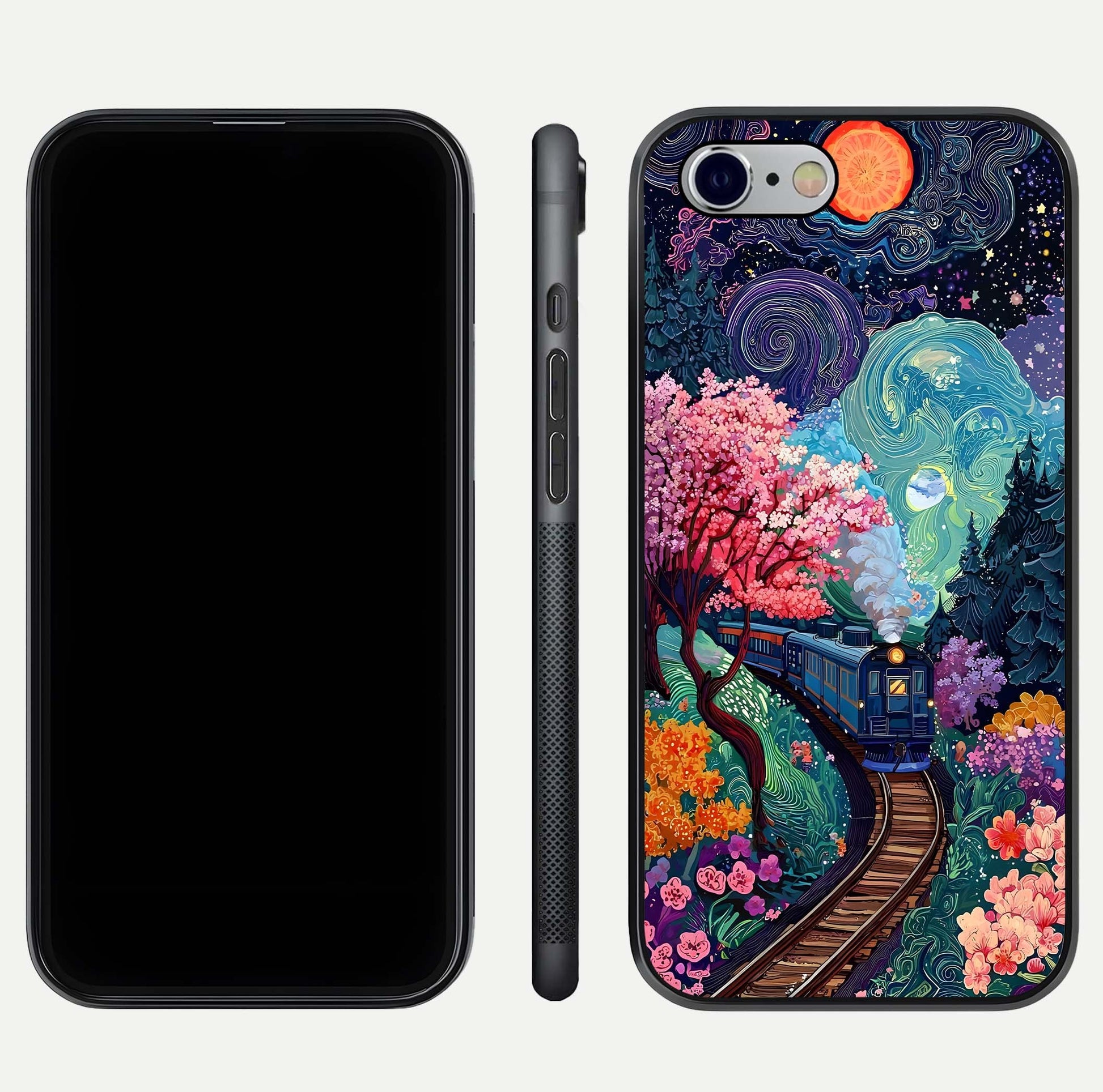 Celestial Train Journey Glass Case for iPhone 16 Pro dual-view layout showing cosmic art balance and curved glass edges