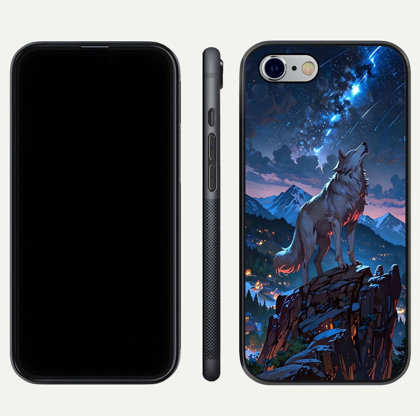 Celestial Wolf Howl Glass Case for iPhone 16 Pro dual-view layout displaying night tones and protective glass edges
