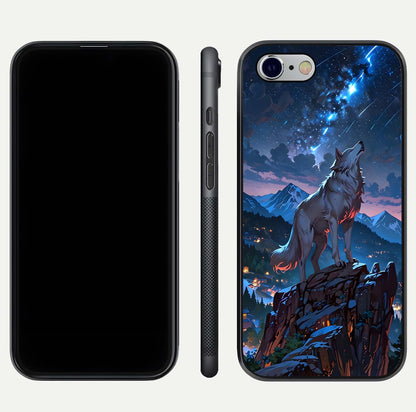 Celestial Wolf Howl Glass Case for iPhone 16 Pro dual-view layout displaying night tones and protective glass edges