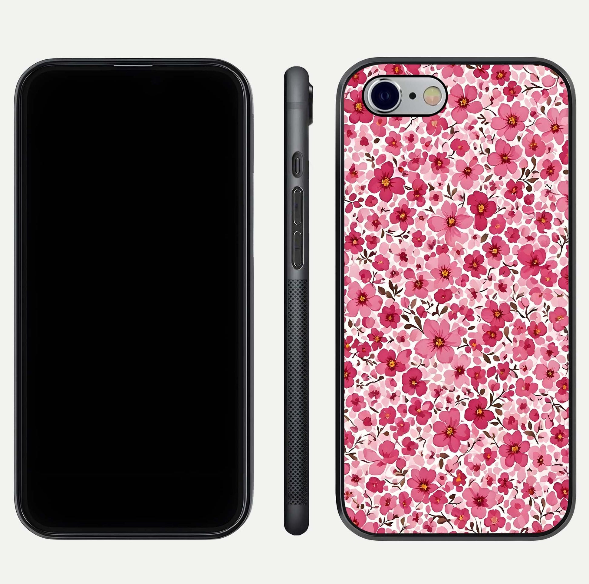 Cherry Blossom Charm Glass Case for iPhone 16 Pro dual-view layout showing elegant floral balance and HD gloss