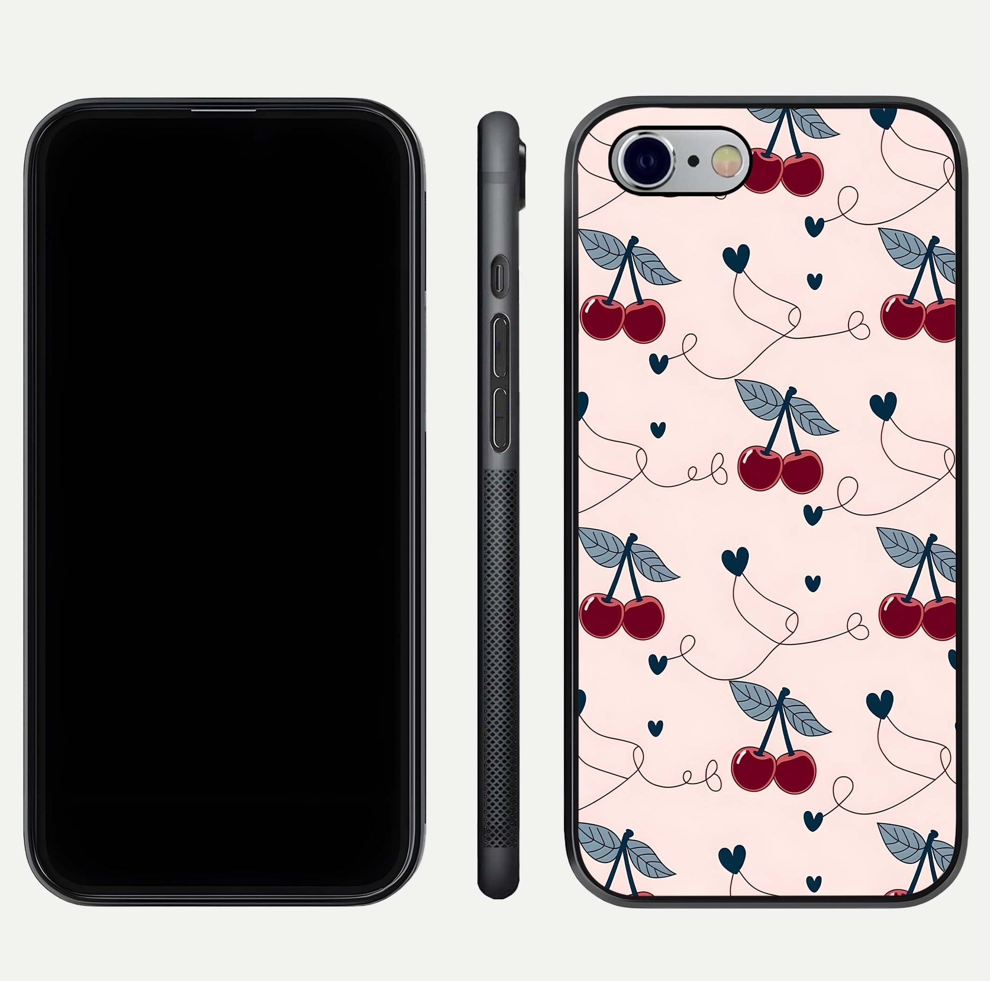 Cherry Heart Line Glass Case for iPhone 16 Pro dual-view layout displaying minimal cherry motif and edge design