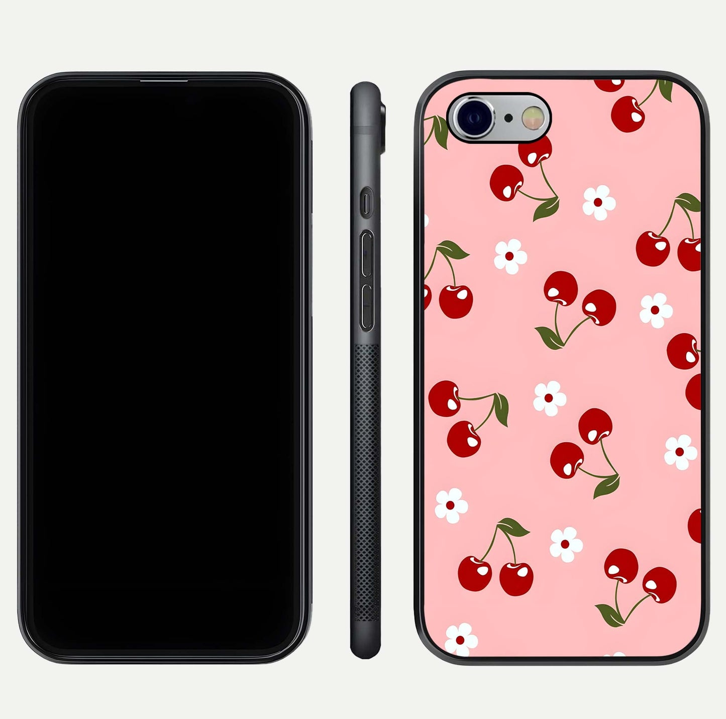 Cherry Love Mood Glass Case for iPhone 16 Pro dual-view layout showing design alignment and curved edges