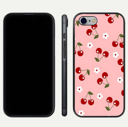 Cherry Love Mood Glass Case for iPhone 16 Pro dual-view layout showing design alignment and curved edges