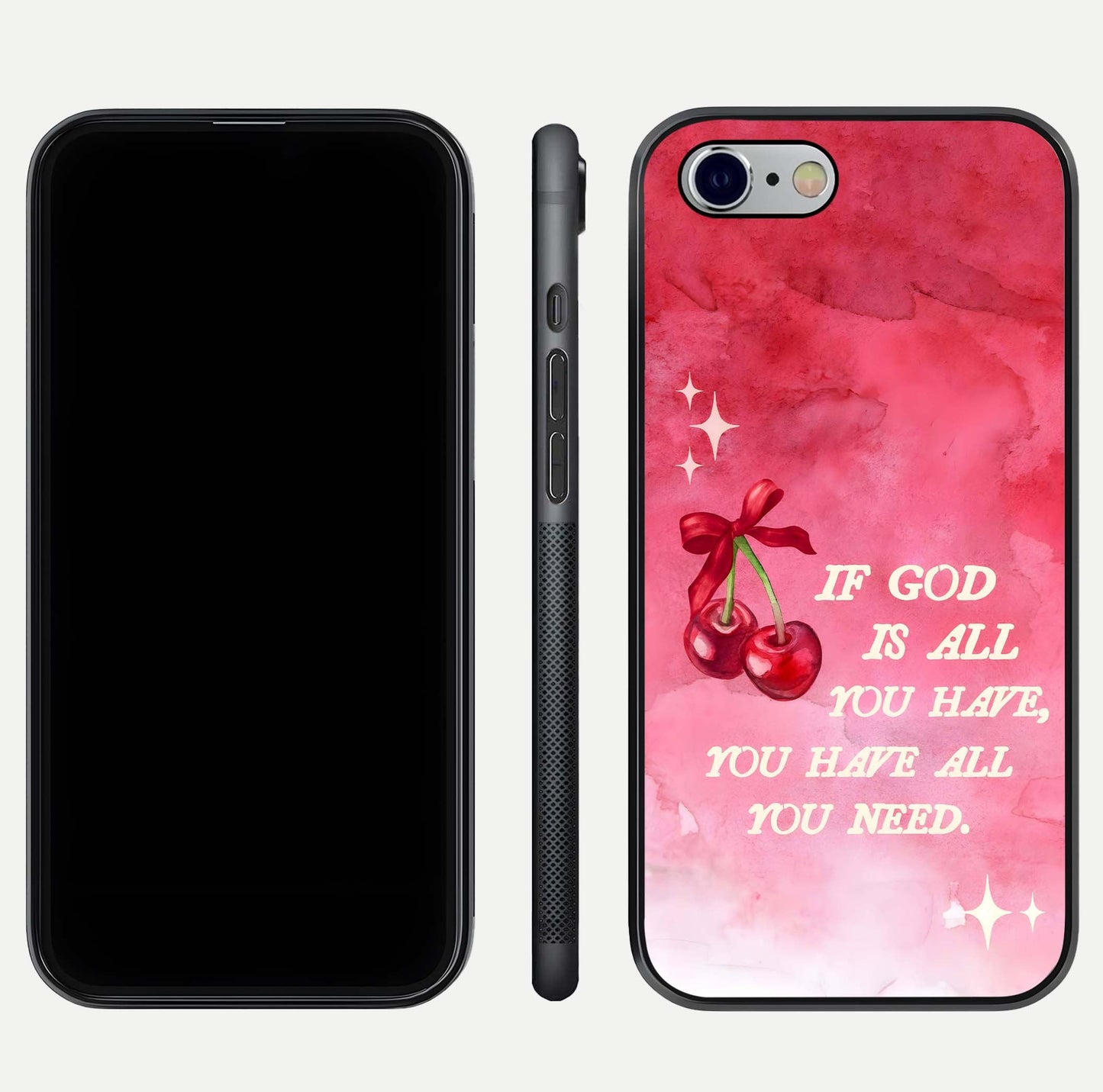Cherry Quote Glass Case for iPhone 16 Pro dual-view layout showing red cherry tones and text balance