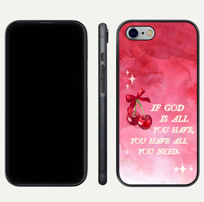Cherry Quote Glass Case for iPhone 16 Pro dual-view layout showing red cherry tones and text balance