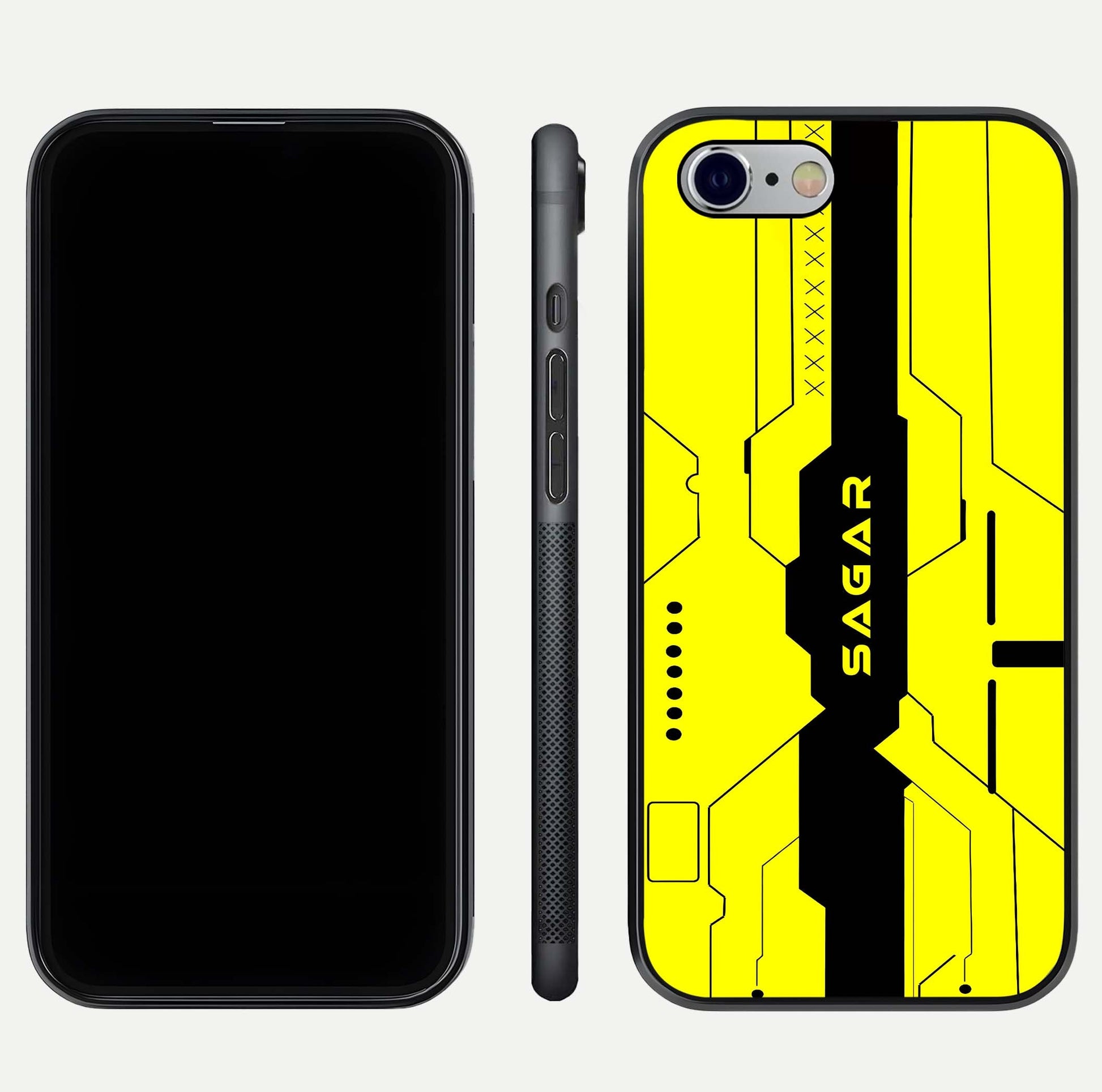 Circuit CYBERPUNK Custom Name Glass Case for iPhone 16 Pro dual-view layout showing bold tech art and edge clarity