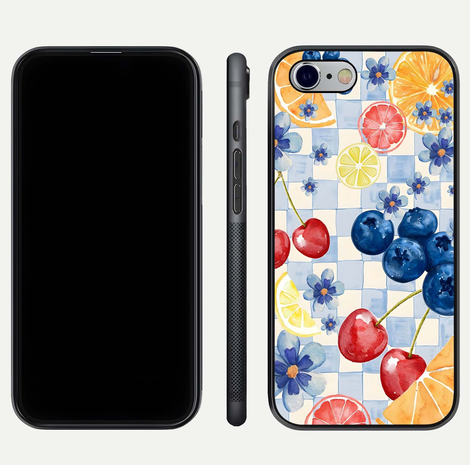 Citrus Bloom Joy Glass Case for iPhone 16 Pro dual-view layout displaying colorful print and smooth edges