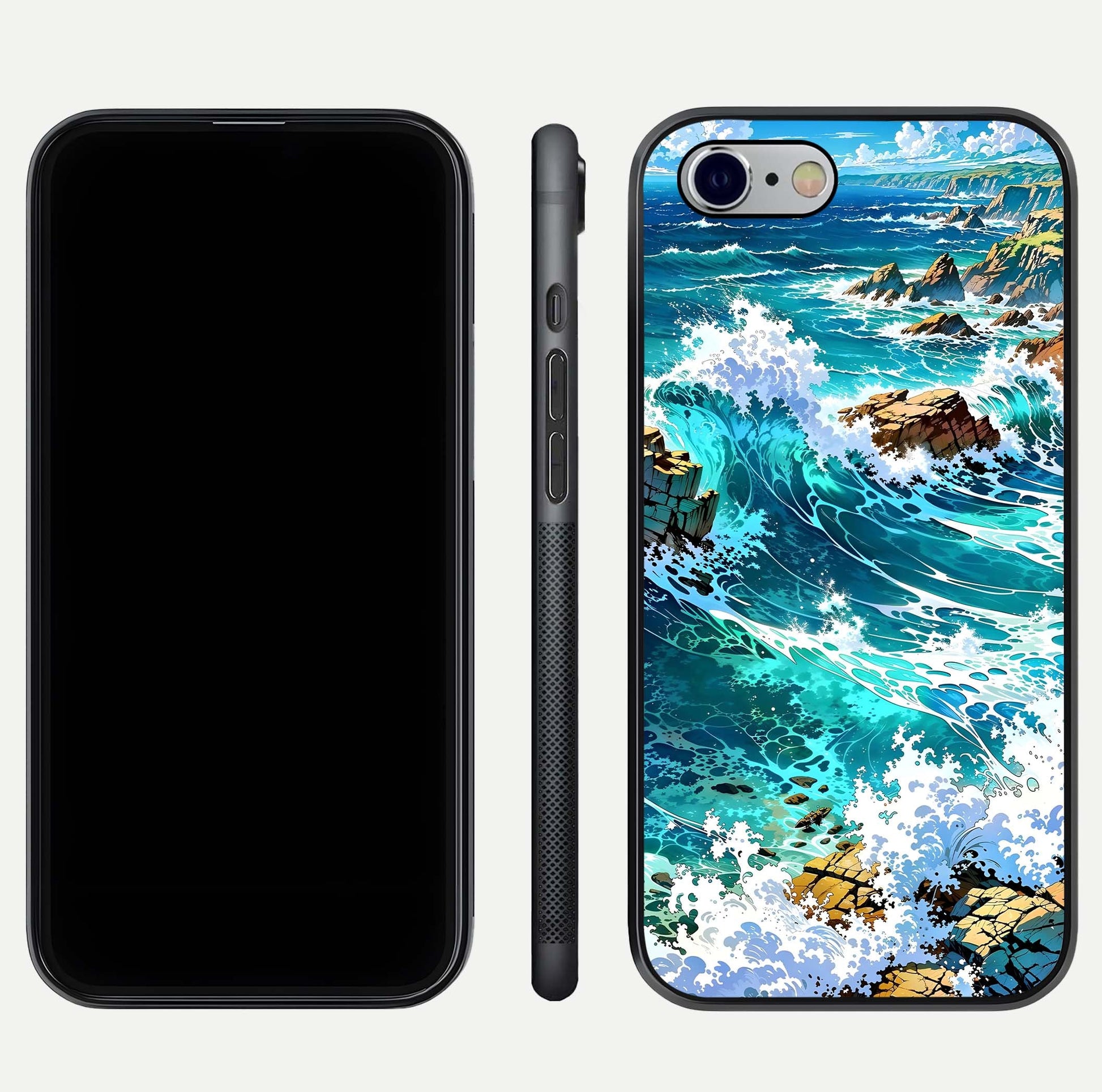 Coastal Blue Waves Glass Case for iPhone 16 Pro dual-view layout displaying sea tones and curved finish