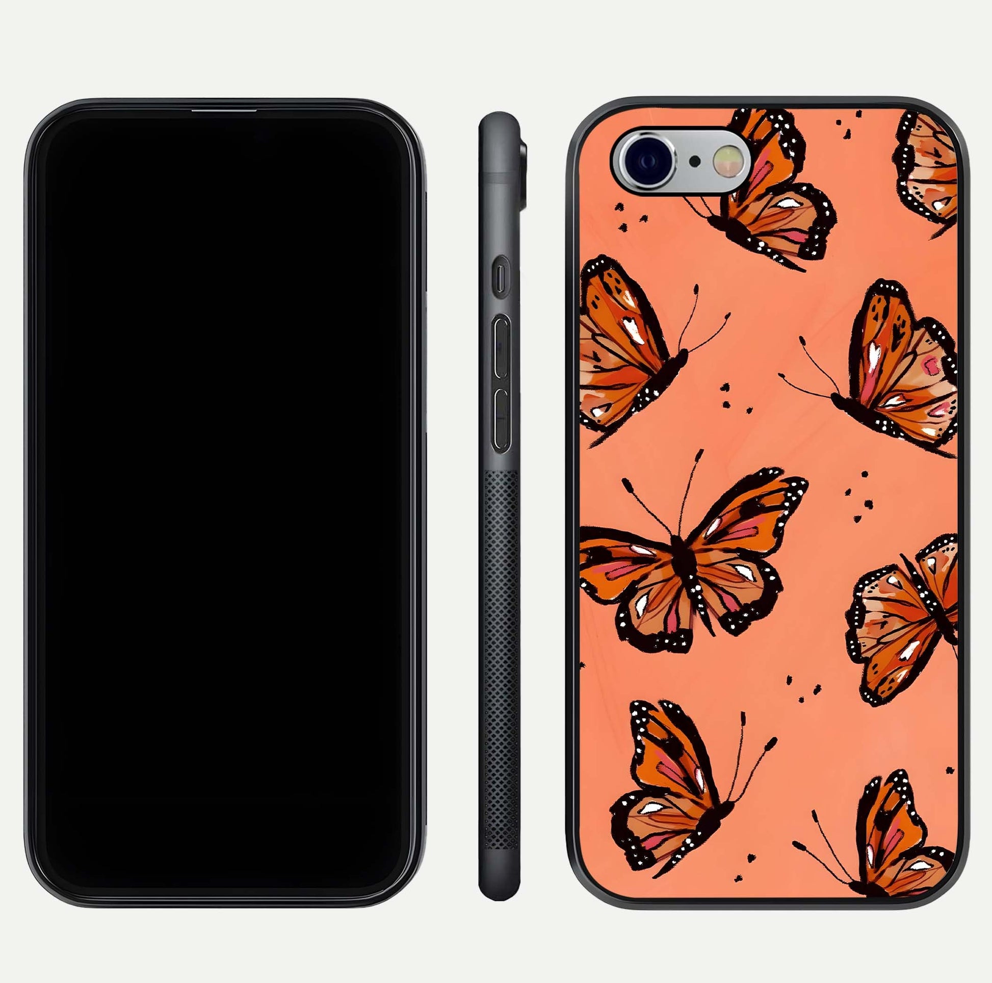 Coral Wing Butterfly Glass Case for iPhone 16 Pro dual-view layout displaying soft floral tones and curved edges
