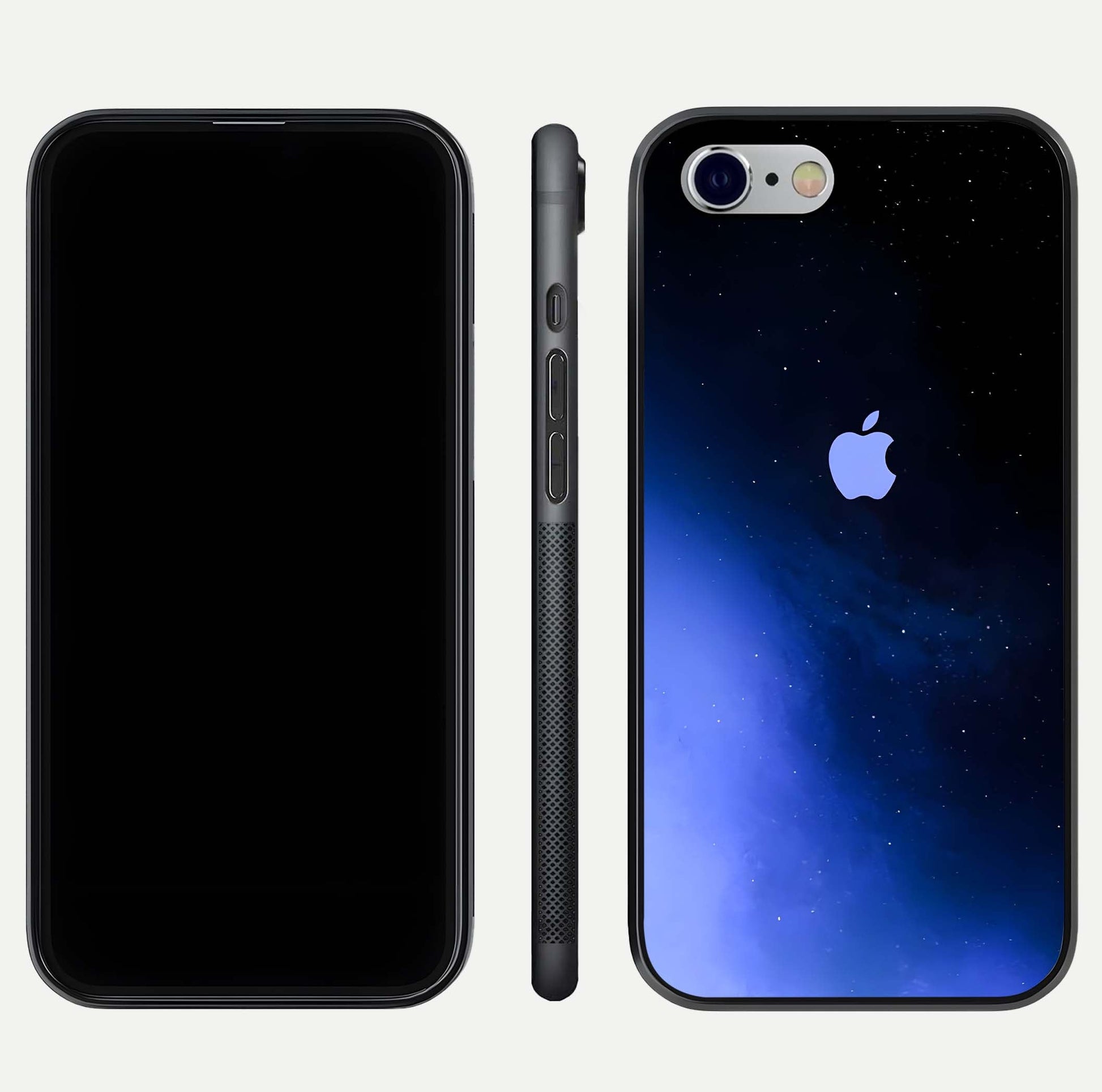 Cosmic Blue Apple Glass Case for iPhone 16 Pro dual-view layout displaying cosmic tones and glass edges