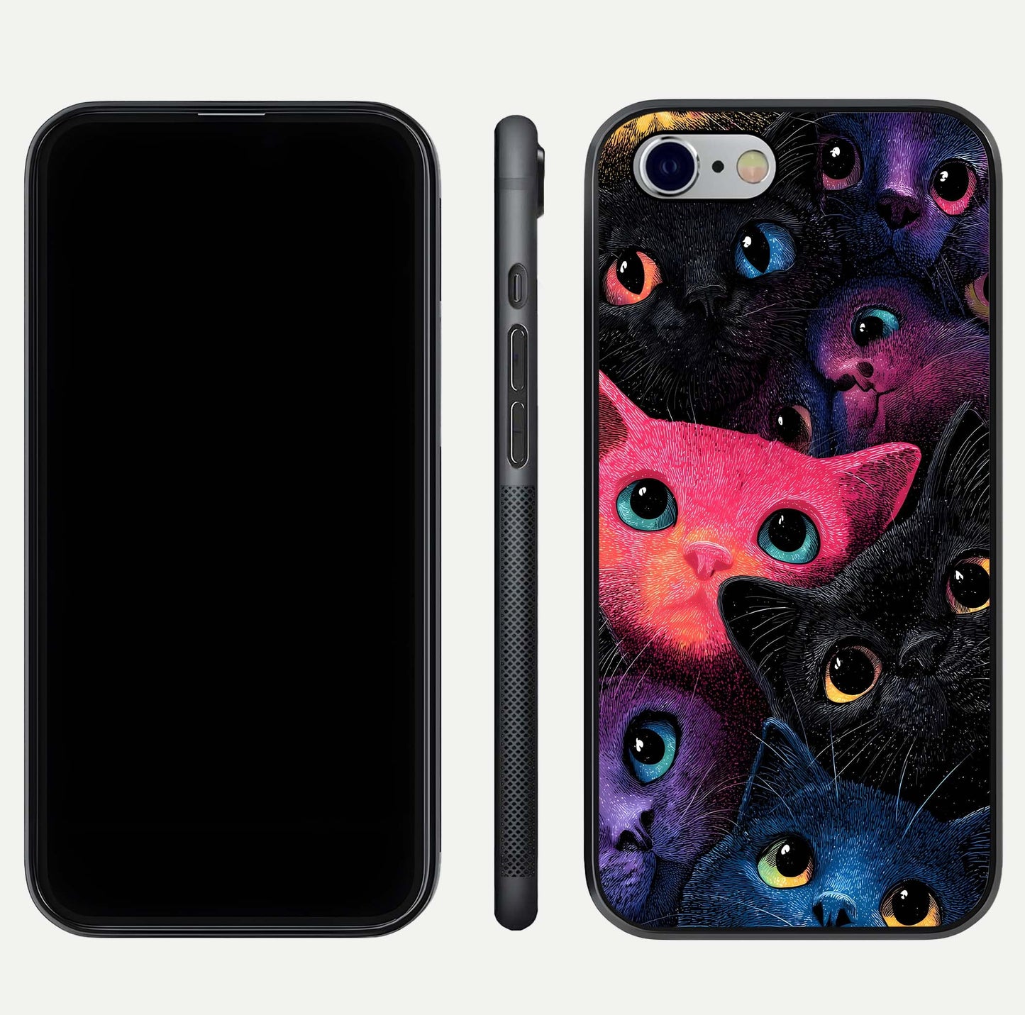 Cosmic Cats Dreams Glass Case for iPhone 16 Pro dual-view layout displaying HD print and glossy shine