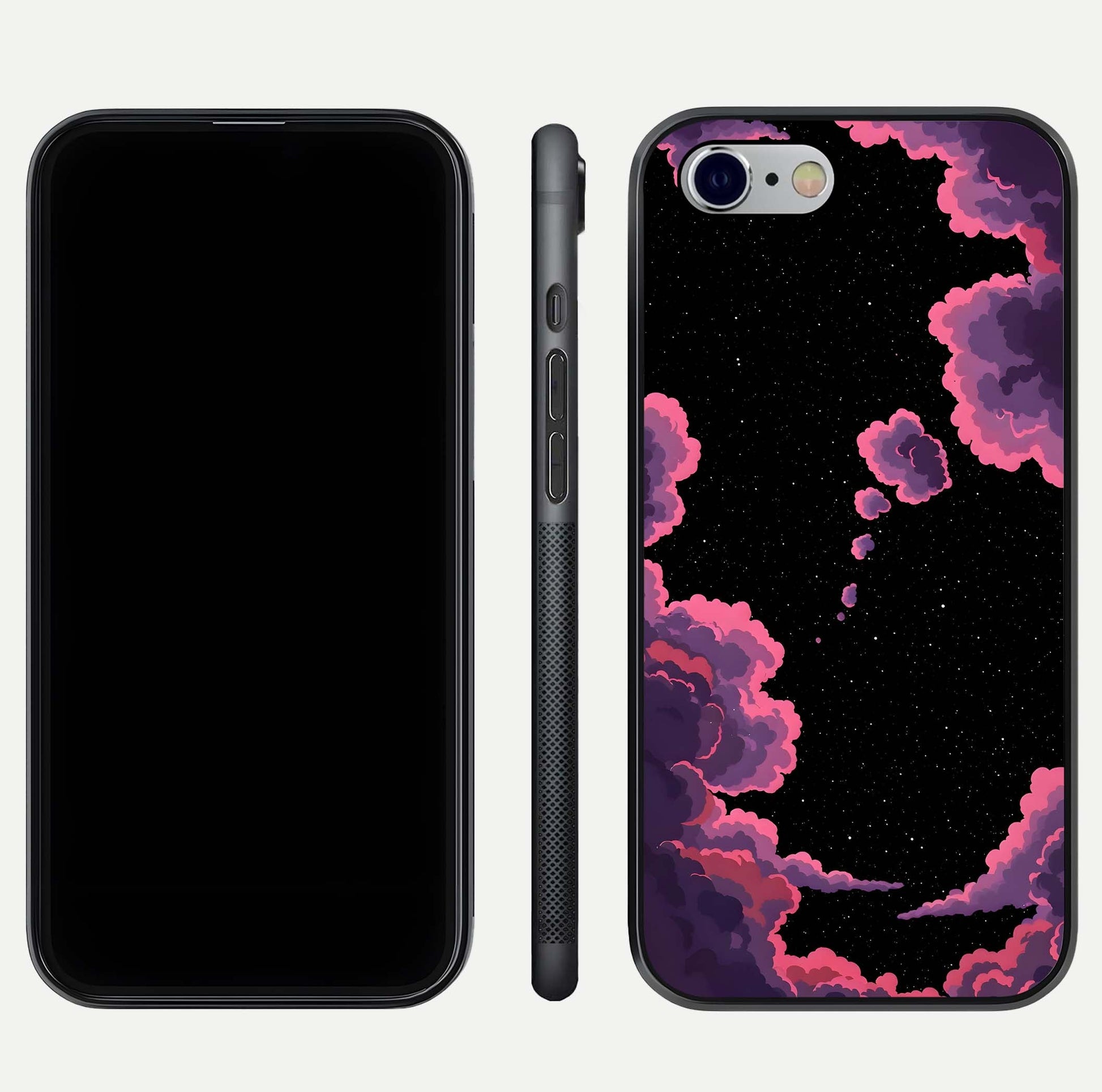 Cosmic Cloud Journey Glass Case for iPhone 16 Pro dual-view layout displaying celestial tones and edge clarity