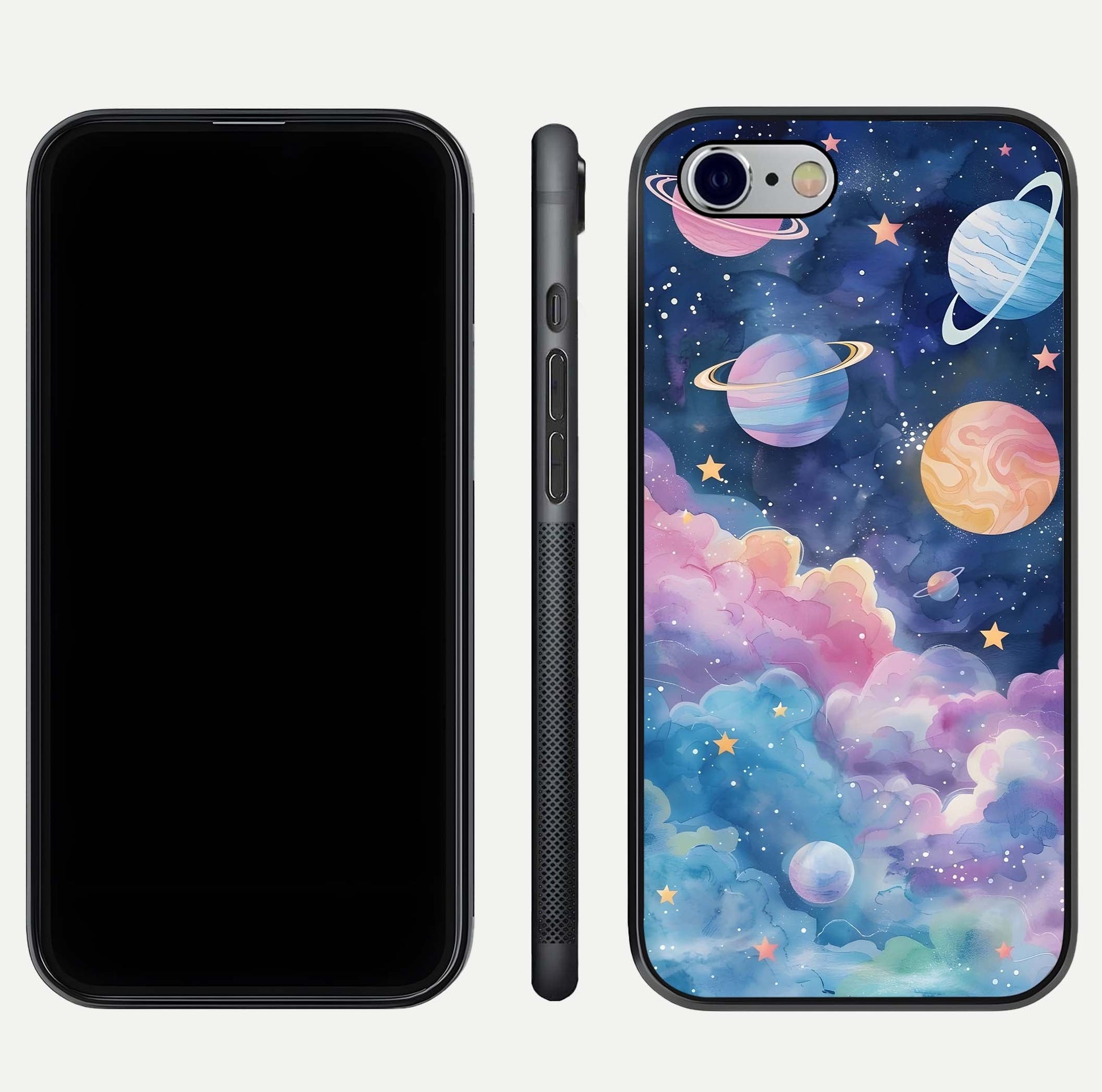 Cosmic Planet Dreams Glass Case for iPhone 16 Pro dual-view layout displaying galaxy colors and curved finish