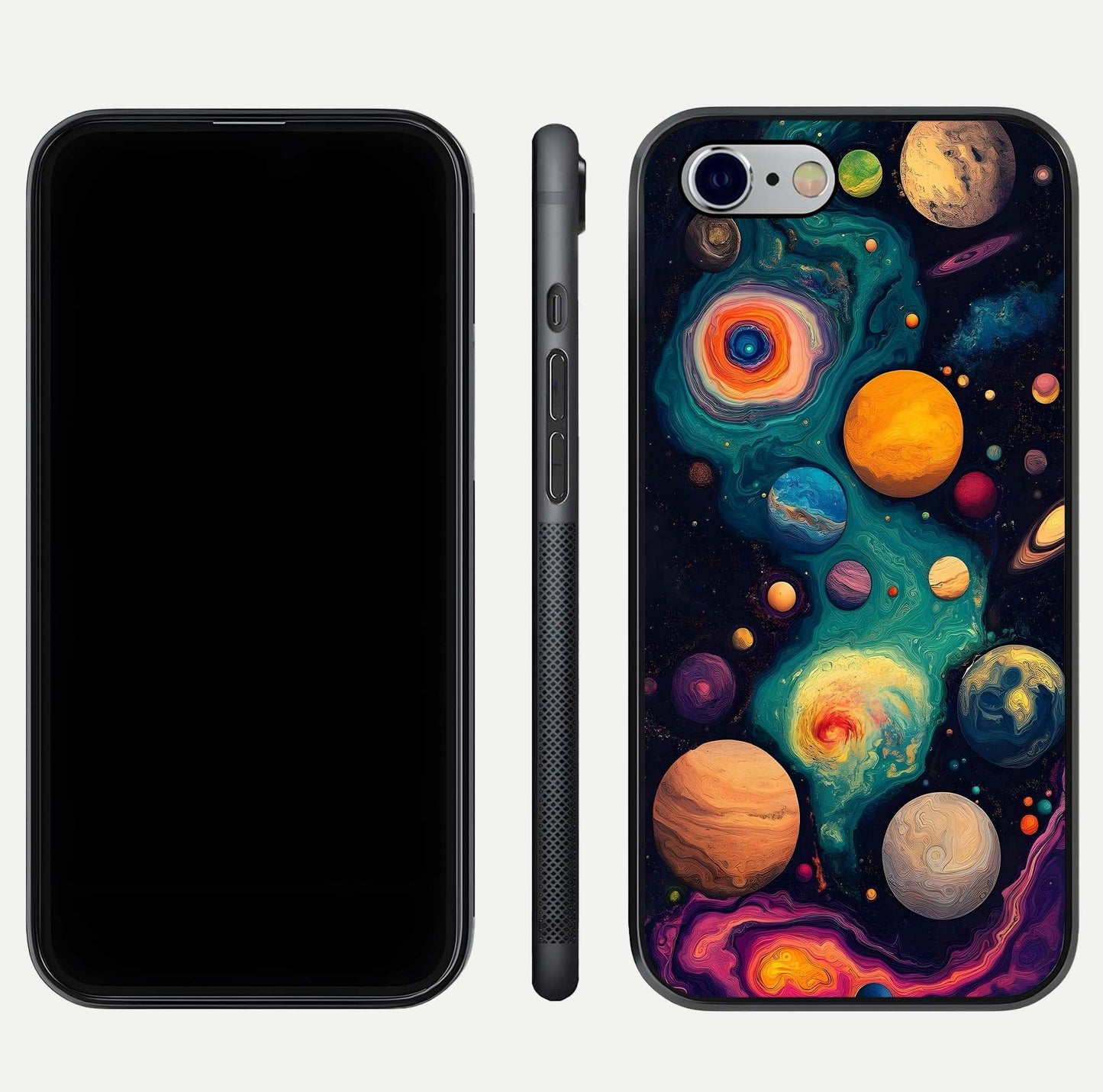 Cosmic Planet Journey Glass Case for iPhone 16 Pro dual-view layout displaying colorful cosmic balance