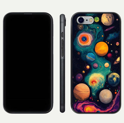 Cosmic Planet Journey Glass Case for iPhone 16 Pro dual-view layout displaying colorful cosmic balance