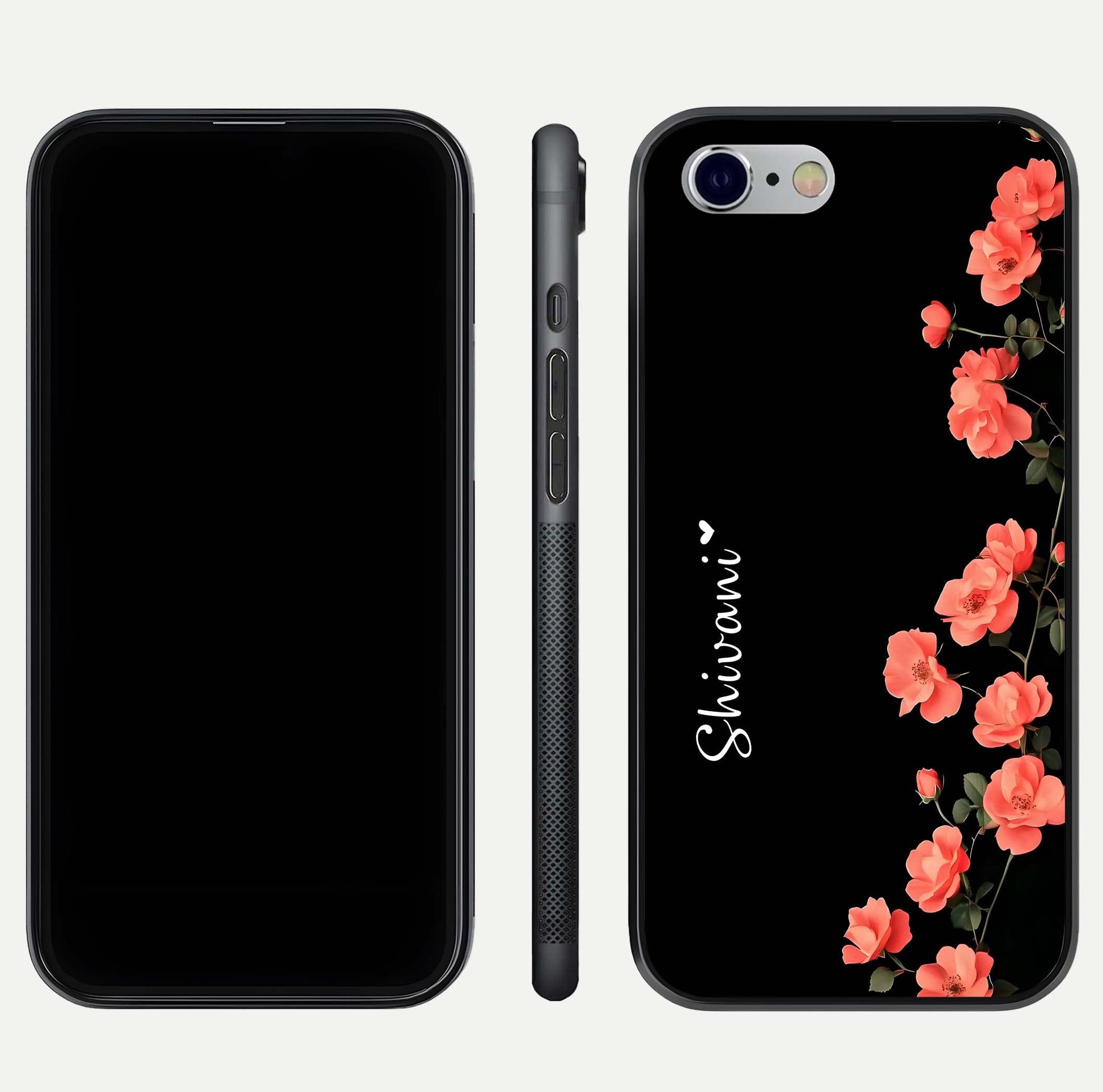 Crimson Bloom Grace Custom Name Glass Case for iPhone 16 Pro dual-view layout displaying custom text and smooth curved edges
