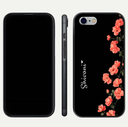 Crimson Bloom Grace Custom Name Glass Case for iPhone 16 Pro dual-view layout displaying custom text and smooth curved edges