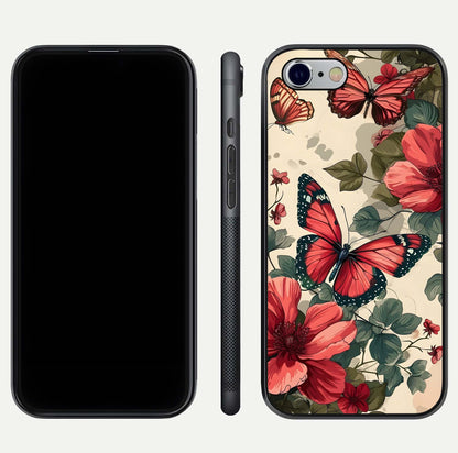 Crimson Butterfly Garden Glass Case for iPhone 16 Pro dual-view layout displaying floral patterns and edge finish